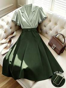 GlowEve Women's Sage Green Summer Elegent Office Midi Dress,Metal Buckle Color Block Ruffle Sleeve A-Line Commute Fashion Retro Versatile Short Sleeve Dress - Multicolor - View 1