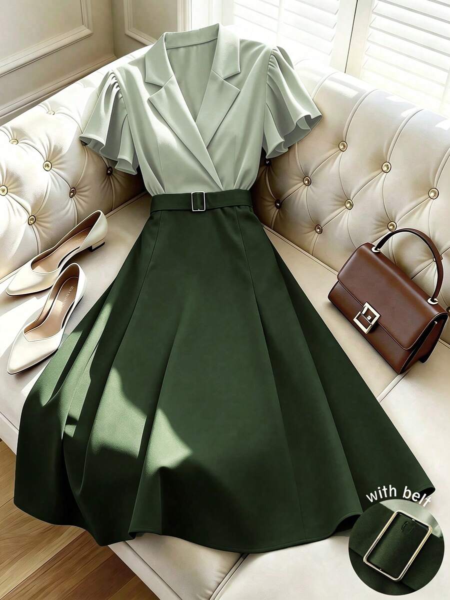 GlowEve Women's Sage Green Summer Elegent Office Midi Dress,Metal Buckle Color Block Ruffle Sleeve A-Line Commute Fashion Retro Versatile Short Sleeve Dress - Multicolor - View 1