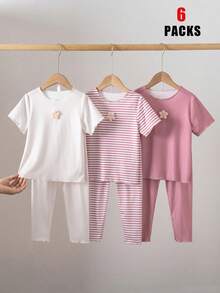 6pcs Girls Pajama Set, Short Sleeve Top And 3/4 Pants, Spring/Summer Home Wear - Multicolor - View 3