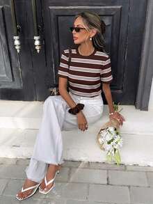 SHEIN Frenchy Áo thun ngắn tay dáng rộng, cổ tròn, phối màu tương phản, phong cách retro tối giản dành cho nữ, thích hợp cho các buổi đi chơi, phong cách đường phố, thanh lịch và lãng mạn, kỳ nghỉ biển, tiệc cưới, mặc nhà, phong cách Bohemian Chic. - Nhiều màu - Xem 5