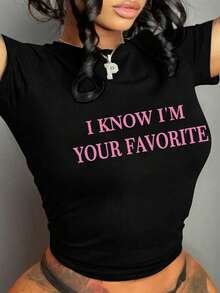 Maweii Plus Size I Know I'm Your Favorite Women's Summer Y2K Baby Pink Slogan Cropped T-Shirt I KNOW I'M YOUR FAVORITE - Black - View 1