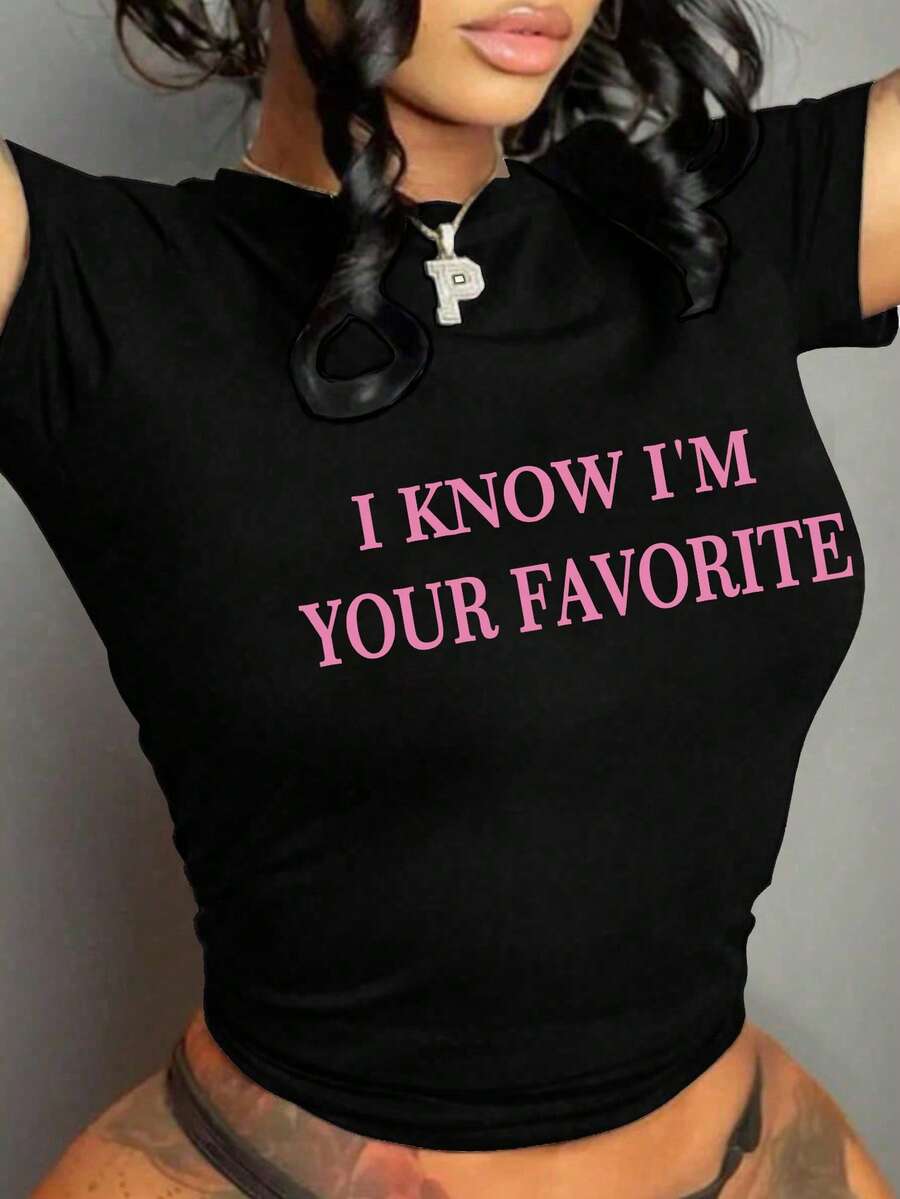 Maweii Plus Size I Know I'm Your Favorite Women's Summer Y2K Baby Pink Slogan Cropped T-Shirt I KNOW I'M YOUR FAVORITE - Black - View 1
