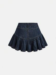 Girlism 青少年女孩時尚休閒可愛 Y2k 復古酷街頭風 荷葉邊設計 海軍藍牛仔半身裙 日常穿搭 兒童春夏季 派對音樂節 街頭風 校園穿搭 - 藍色 - 查看 2