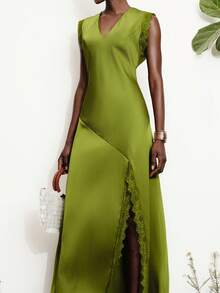 Aveloria Modichic Luxury Party V-Neck Satin Contrast Lace Asymmetric Hem Sleeveless Dress, Olive Green, Side Slit, Elegant For Vacation, Party, Evening, Work, Versatile - Green - View 7