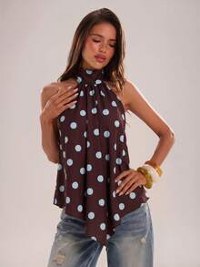 SHEIN BAE Áo hai dây nữ kiểu dáng thường ngày, cổ yếm, hở lưng, chấm bi, vạt không đều, thích hợp cho kỳ nghỉ biển, mặc hàng ngày, đi chơi, tụ họp bạn bè, áo hai dây chấm bi, trang phục lễ hội âm nhạc, đi làm, hẹn hò lãng mạn, thiết kế thời trang, áo hai dây chấm bi màu nâu. - màu nâu - Xem 1