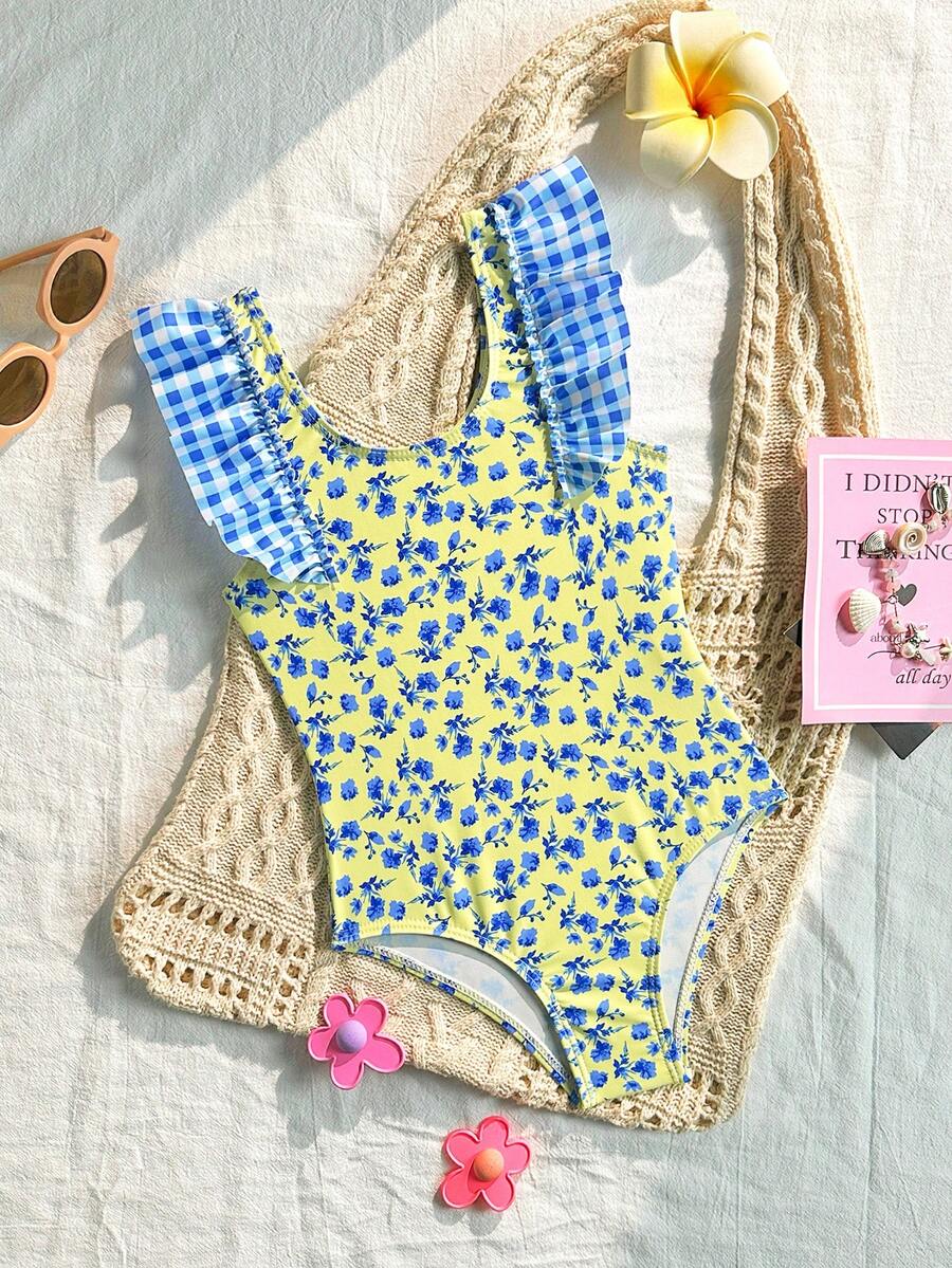 SHEIN Young Girls One-Piece Swimsuit,Cute Blue Plaid & Ditsy Floral Knitted Elastic Ruffled Digital Print Bikini Sets,Fashionable For Summer,Beach,Holiday - Multicolor - View 1