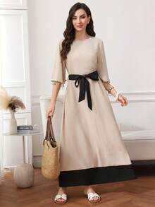 Al Najma Vestido elegante de estilo árabe con cuello redondo y mangas medianas con decoración de flecos para mujer - Albaricoque - Ver 4