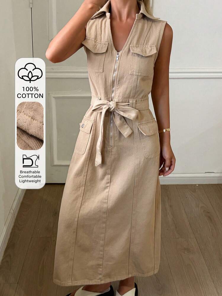 Women's Lapel Sleeveless Cinched Waist Waist Straight Long Dress, Casual Elegant Washed Denim Dress