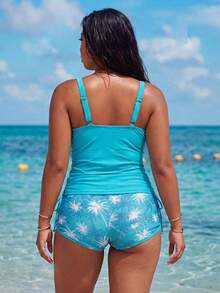 Swim Lushoire Conjunto de tankini de talla grande para mujer con cuello en V, cintura con cordón y Bottom tipo short, nueva colección primavera 2026 - Azul - Ver 2