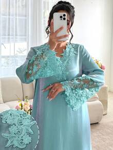 Vestido Maxi Najma con Cuello en V, Bordado Floral, Manga Larga, Patchwork y Bajo con Volantes, Estilo Tradicional Turco y Árabe - azul claro - Ver 3