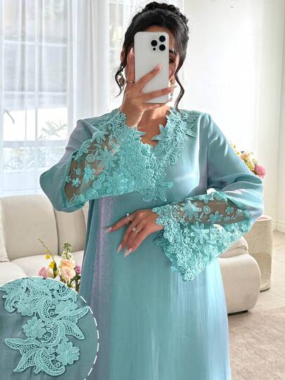 SHEIN Najma V-Neck Floral Embroidered Long Sleeve Patchwork Flounce Hem Maxi Dress, Turkish & Arabic Traditional Style