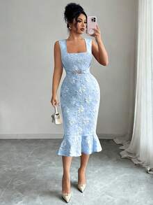 Selianne Đầm kiểu Pháp thanh lịch màu xanh dương mới cho mùa xuân/hè, chất liệu vải hoa súng có họa tiết, cổ vuông, không tay, dây thắt eo bằng kim loại, chân đầm xếp ly bồng bềnh dành cho nữ. - Màu xanh nhạt - Xem 2
