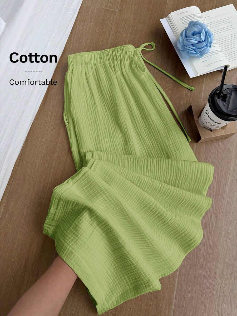 Comfortcana Große Größen grüne plissierte strukturierte weite Hose mit Kordelzug, Casual Urlaub - Grün - Übersicht 1