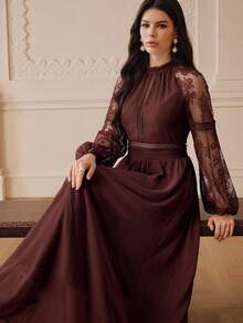 ZEYLAH Elegant Romantic Lace Patchwork Flare Sleeve Fitted A-Line Dress, Spring/Summer - Coffee - View 6