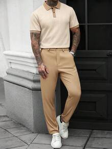 Manfinity Homme 男士休闲商务通勤撞色纹理面料短袖Polo衫和西裤套装，春夏秋季 - 杏色 - 查看 4