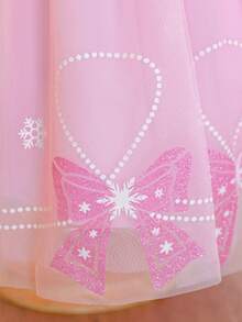 Glamorique Kids 女童粉色蝴蝶结雪花印花薄纱缎面连衣裙，可爱公主裙，儿童生日派对礼服，婚礼宾客礼服，手工串珠蓬蓬裙 - 粉色 - 查看 6