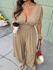 Vionelle Plus Size Women's Khaki Summer Boho Vacation Holiday Deep V-Neck Jumpsuit Knitted Elegant Tie Waist Pleated Loose Casual Countryside Style Brunch - Camel - View 5