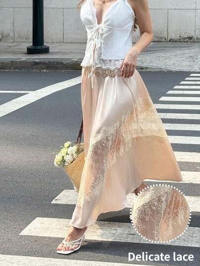 Serisse 女士纯色撞色蕾丝边优雅A字裙