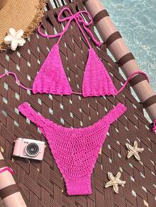 Swim Mod Áo khoác ngoài dệt kim móc thủ công họa tiết hoa 3D gợi cảm, dễ thương dành cho nữ, thích hợp cho kỳ nghỉ biển mùa xuân/hè. - Màu Hồng Tươi - Xem 2