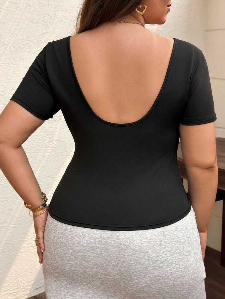 Dazy Plus Tight-Fitting Sexy Backless Cropped Black T-Shirt, Versatile For Plus Size Women, Spring/Summer