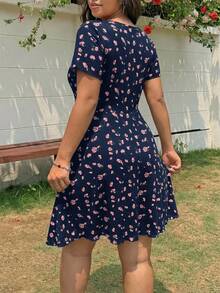 Solflare Plus Size Multicolor Ditsy Floral Casual Dress For Women - Navy Blue - View 2