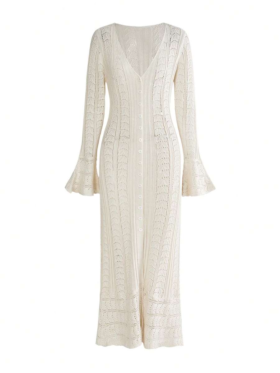 ROMWE Hippie Women's Summer Vacation Faux Hand-Crocheted Openwork Long Cardigan - Apricot - View 1