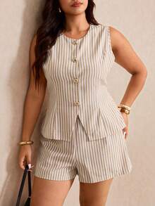 Elaquor Plus Size Summer Casual Elegant Commute Formal Vacation White Vest And Shorts 2 Pieces Set Formal Office Work Two Piece Sets For Women Outfit Sets - Multicolor - View 7