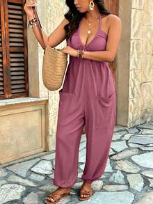 Breezaya Bộ jumpsuit cỡ lớn, chất liệu vải dệt họa tiết, cổ chữ V, có túi, dây rút, thích hợp mặc ở nhà, đi chơi và đi nghỉ mát. - Hồng - Xem 7