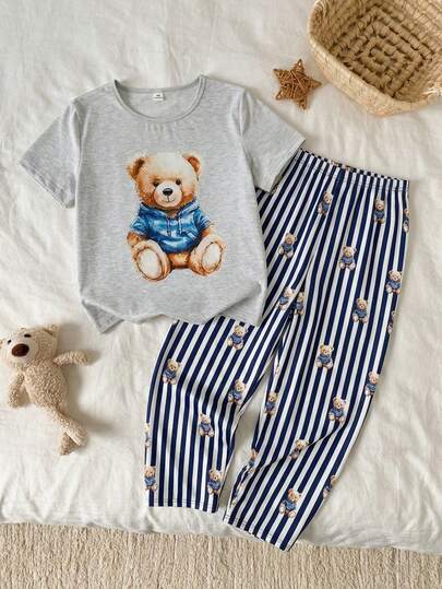 Conjunto de 2 piezas de ropa de estar en casa para niños: sudadera de manga corta gris con estampado de oso de dibujos animados y rayas, de ajuste holgado y retro, cómoda y suave; y pantalones rectos