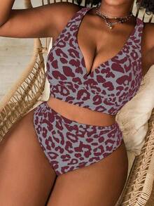SHEIN Slayr CURVE Bộ bikini hai mảnh cỡ lớn dành cho nữ, họa tiết da báo, cổ chữ V, cạp cao, kiểu tam giác. - Nhiều màu - Xem 1