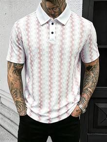 Manfinity CasualCool Men's Colorblock Polo Shirt, Retro Geometric Jacquard Casual Top - Baby Pink - View 3
