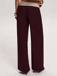 SHEIN BAE Pantalon droit décontracté pour femmes avec imprimé rayé blocs de couleurs, pour un port quotidien - Bordeaux - Voir 2