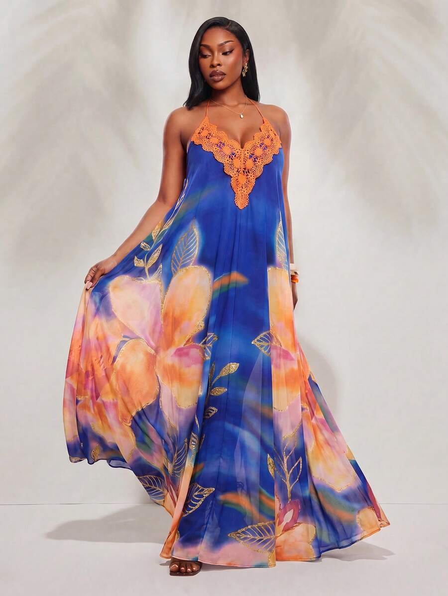 Radiana Plus Size Women's Royal Blue Butterfly Summer BOHO Chiffon Flowy Maxi Dress,Backless Floral Vacation,Casual Beach Resort Western Wear Chic Outing - Blue - View 1