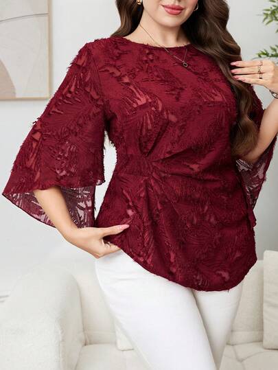 Reflora Plus Size Women's Round Neck Flare Sleeve Pleated Fashion Blouse