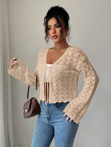 Flora Isola Flora Isola Women's Elegant Tie-Front Hollow Out Cardigan - Khaki - View 3