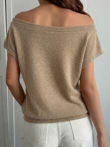 DAZY Women's Elegant Asymmetric Neck Short Sleeve Asymmetric Neck Sweater - Khaki - View 3