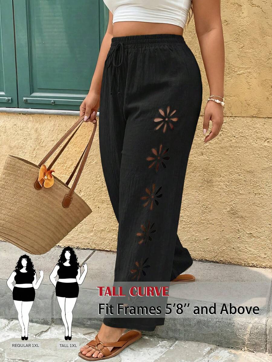 SHEIN Tall CURVE 大码纯色镂空打结宽松裤 - 黑色 - 查看 1