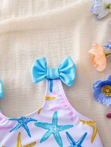 SHEIN Đồ bơi liền thân in hình sao biển cho bé gái - Hồng - Xem 7