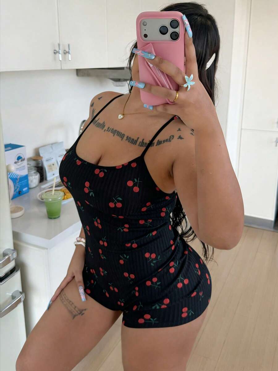 ZzzCrew Plus Size Cherry Print Criss-Cross Back Comfy Jumpsuit Pajamas - Black - View 1