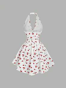 SHEIN PETITE CURVE Damen Große Größen Rückenfreies Spaghetti-Träger Kirschprint Geraffter Taille Elegantes Mini Partykleid - Weiss - Übersicht 2