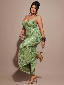 SHEIN BAE Plus Size Women Green Sequin Strap Dress - Green - View 1