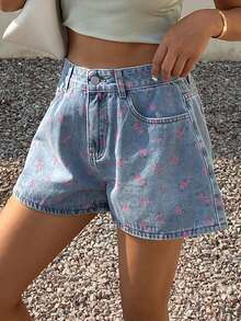 2026 Shorts vaqueros informales de mujer con dobladillo deshilachado y estampado floral diminuto - Azul - Ver 4
