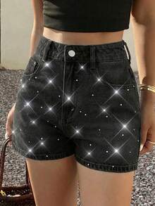 SHEIN Teen Girl Rhinestone Embellished Pocket Button Denim Shorts - White - View 4