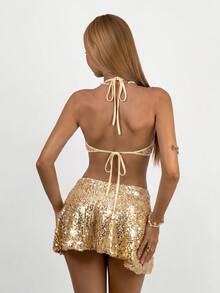 SHEIN Unity Women's Sexy Elegant Backless Tie-Up Silver Sequin Mini Dress - Apricot - View 2