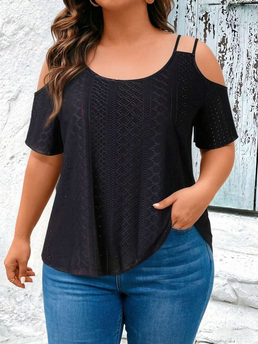 EMERY ROSE Plus Size Women's Solid Color Casual Off-Shoulder T-Shirt, Suitable For Daily Wear Night Out Black Summer - Black - View 1