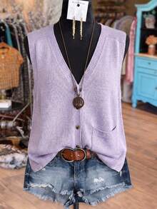 Linhara Plus Size Women Solid Color Knitted V-Neck Button Sleeveless Regular Casual Sweater Vest, Spring/Autumn - Mauve Purple - View 1