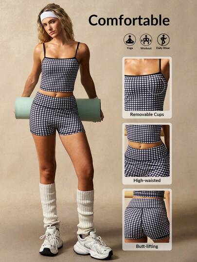 VARSIVA Bộ đồ thể thao nữ gồm áo croptop không tay và quần short kẻ caro, thích hợp cho mùa hè.