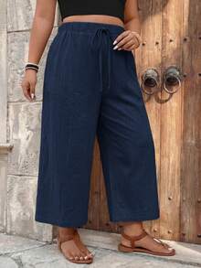 SHEIN Frenchy Pantalon capri kaki grande taille pour femmes, polyvalent pour le port quotidien et les déplacements, pantalon décontracté court - Bleu azur - Voir 3