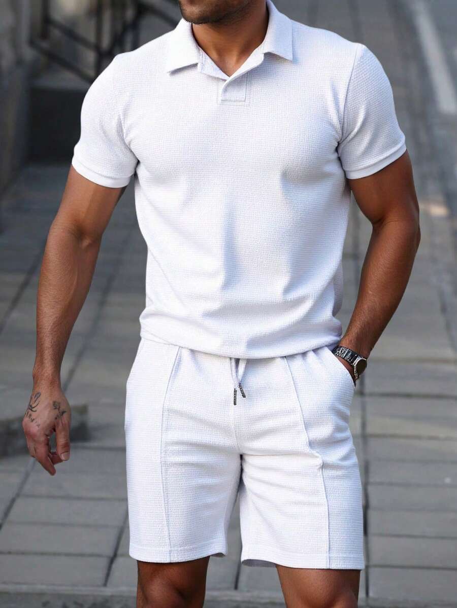 Manfinity Homme 男士纯色 Polo 衫和短裤套装，休闲简约，适合日常穿着 - 白色 - 查看 1