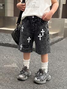 Quần short denim rách có túi in hình chữ thập dành cho bé trai. - màu đen - Xem 4